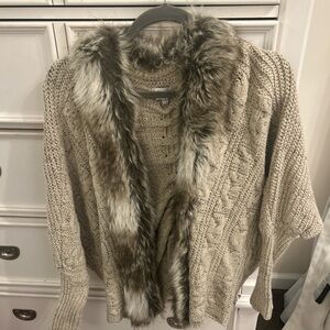 h.i.p. Beige Knit Cardigan with Faux Fur Trim